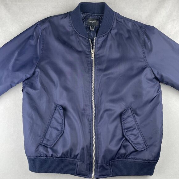 Forever 21 Jacket Mens L Navy Bomber Quilted Lined Zip Front Ribbed Hem‎ Fall - Picture 2 of 11